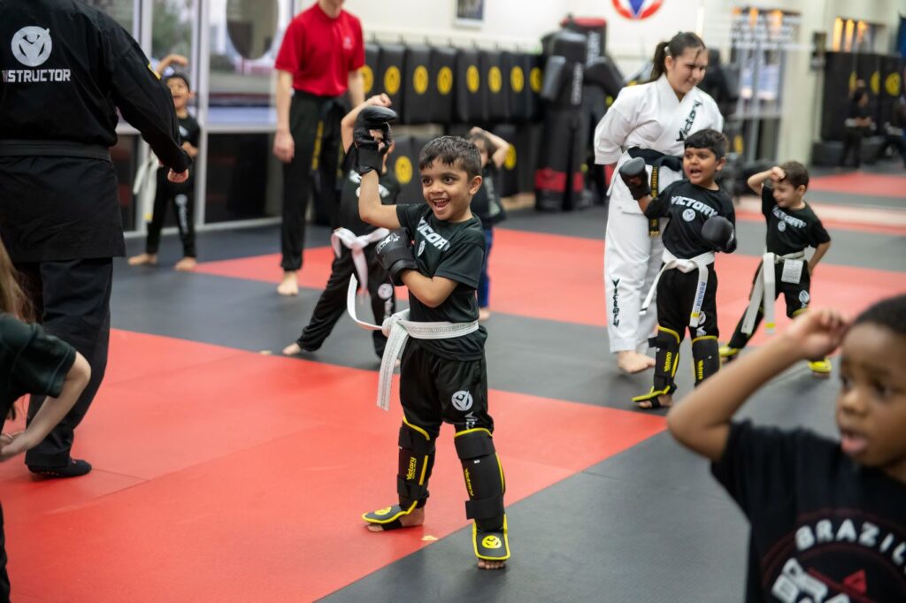 Smiling Boy in a Karate Posture During a Training Session at Victory Martial Arts in Deer Springs, Nevada
