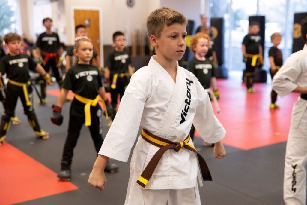 A Boy Leading the Practice in a Karate Stance at Victory Martial Arts in Stevenson Ranch, California