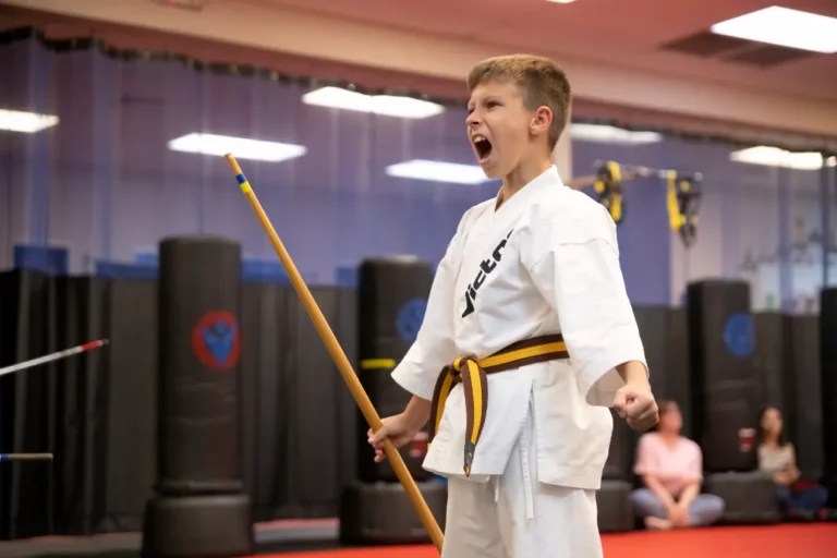 A Boy In White Kimono Screams Confidently at Kids Karate Summer Camp in Golden, Colorado