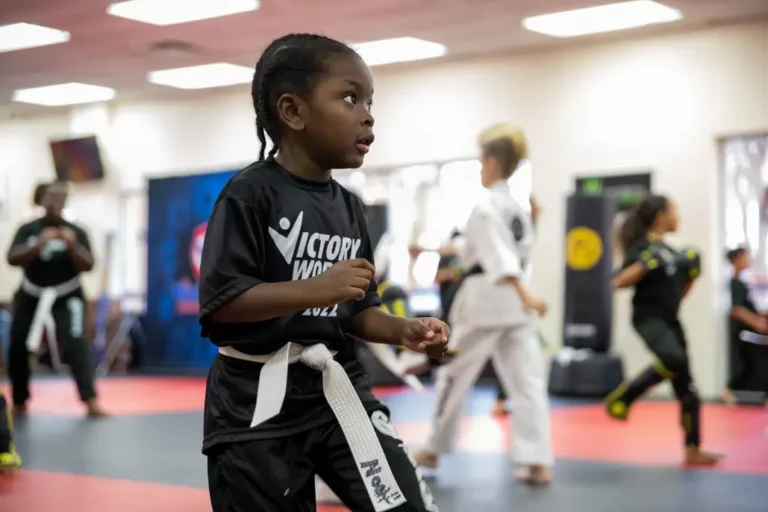 Boy in Victory Martial Arts Shirt Learning Karate Basics in Sky Pointe NV